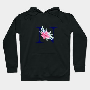 Watercolor Floral Letter N in Navy Hoodie